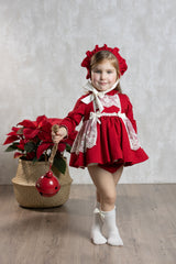 Abuela Tata Red & Cream Baby Dress, Pants & Bonnet Set - 1299345