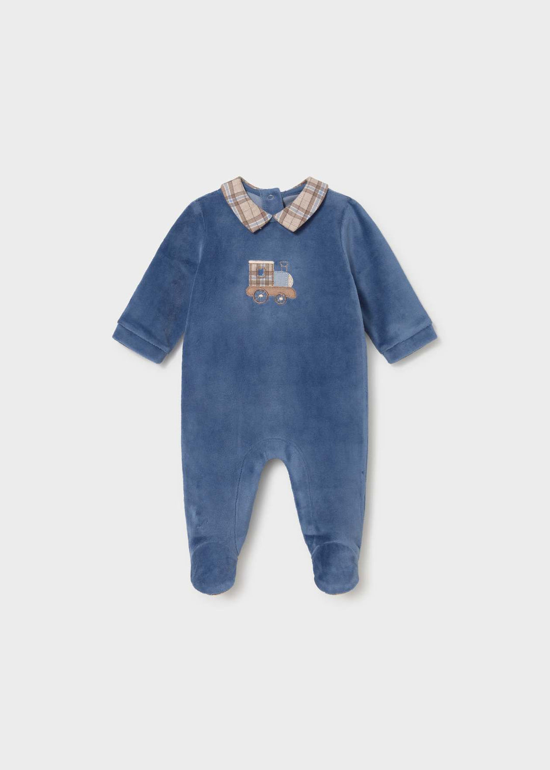 Mayoral Baby Boys Blue, Beige & Brown "Train" Velour Babygrow - 2766