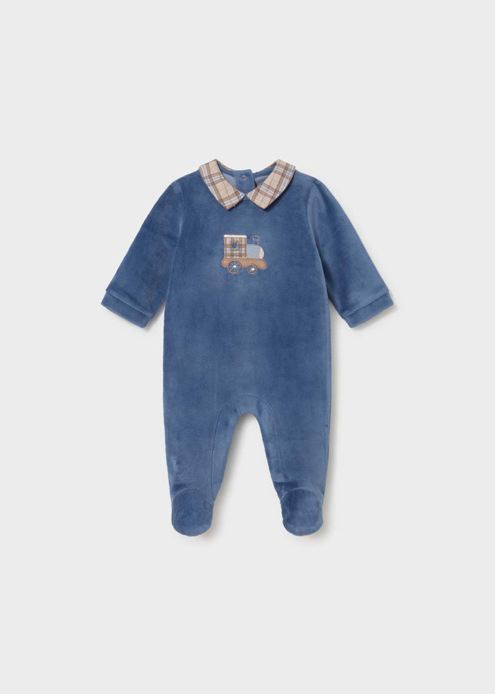 Mayoral Baby Boys Blue, Beige & Brown "Train" Velour Babygrow - 2766