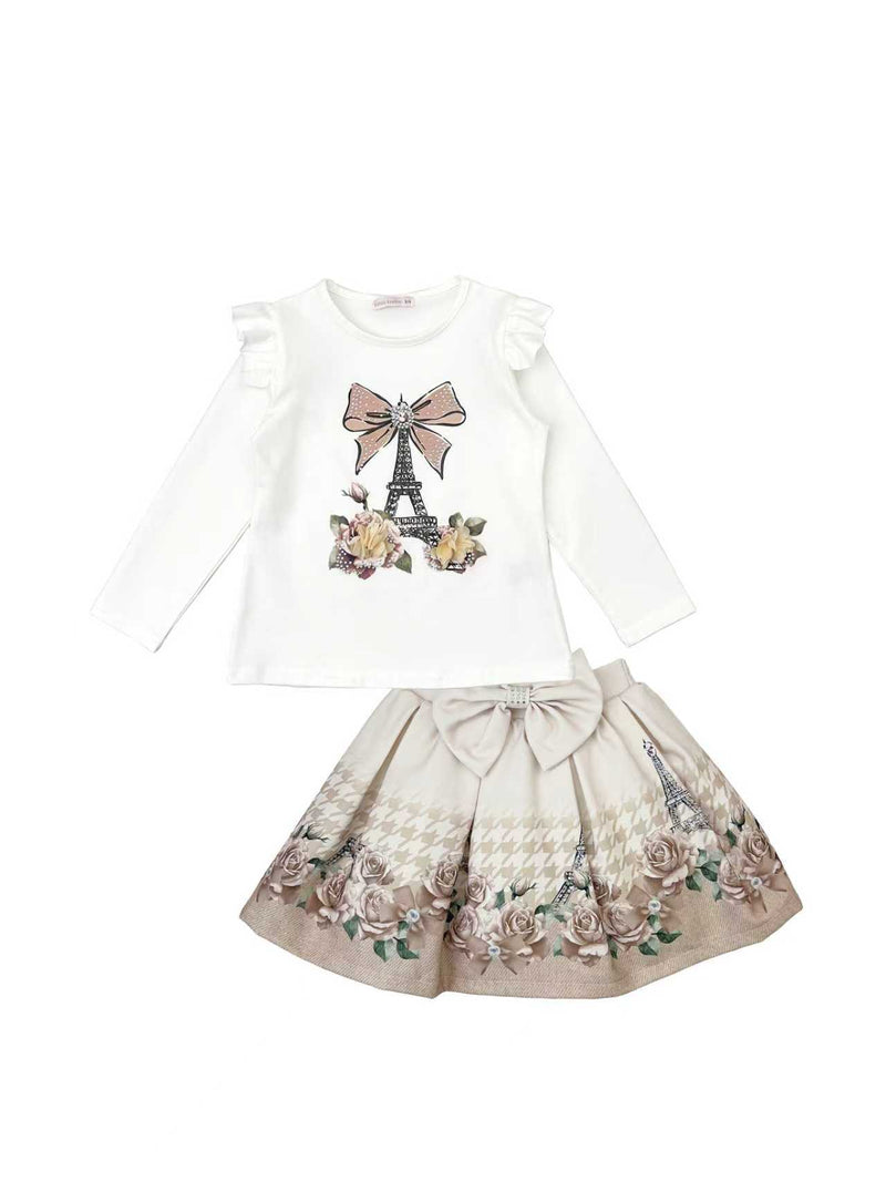 Giorgio Bambini Girls Ivory & Beige "BOW & TOWER " Long Sleeved Top & Skirt Set - YG-14