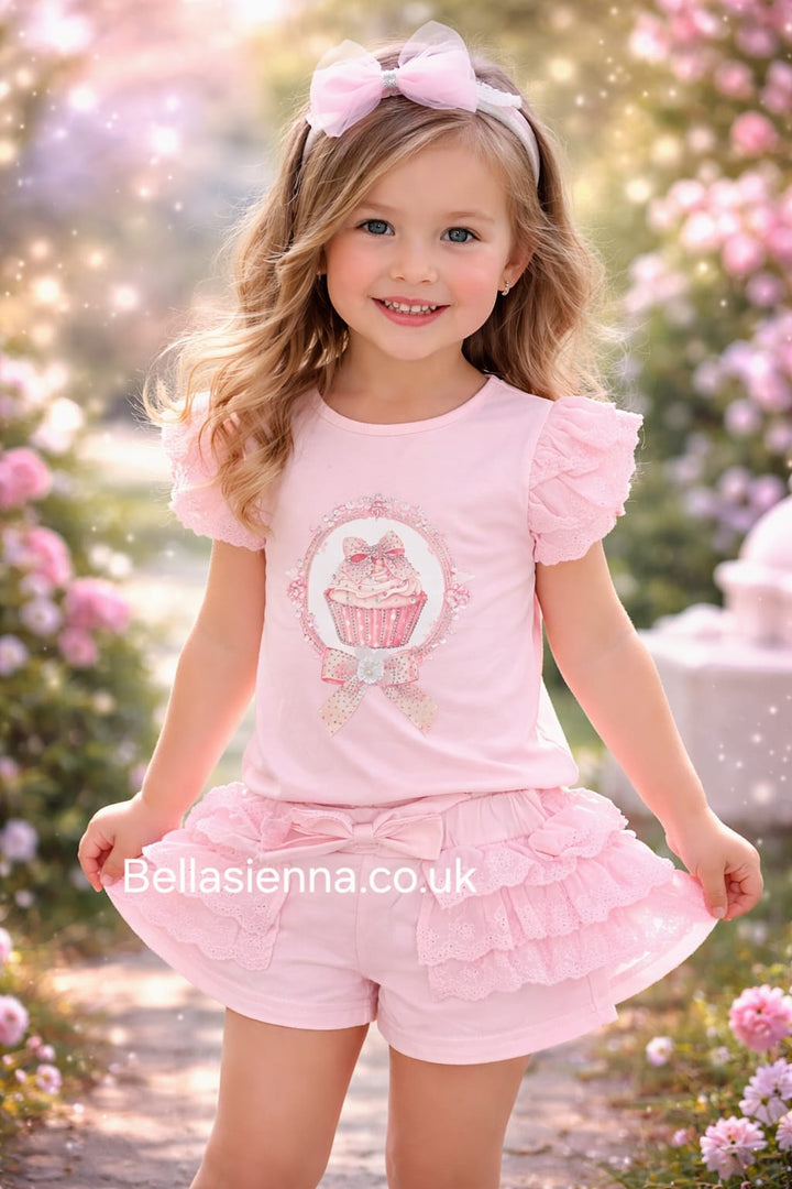Diamond Stone Girls Pink "Cupcake" Shorts Set With Matching Headband YG-39