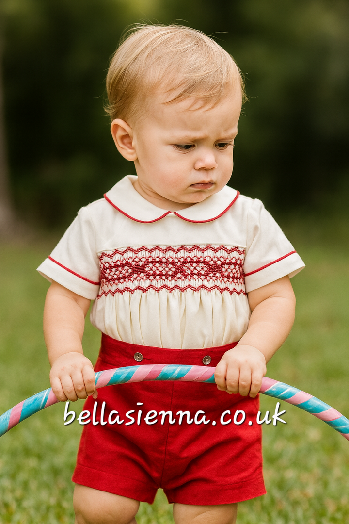 Naxos Ivory & Red Hand Smocked Boys Two Piece Outfit - 7610