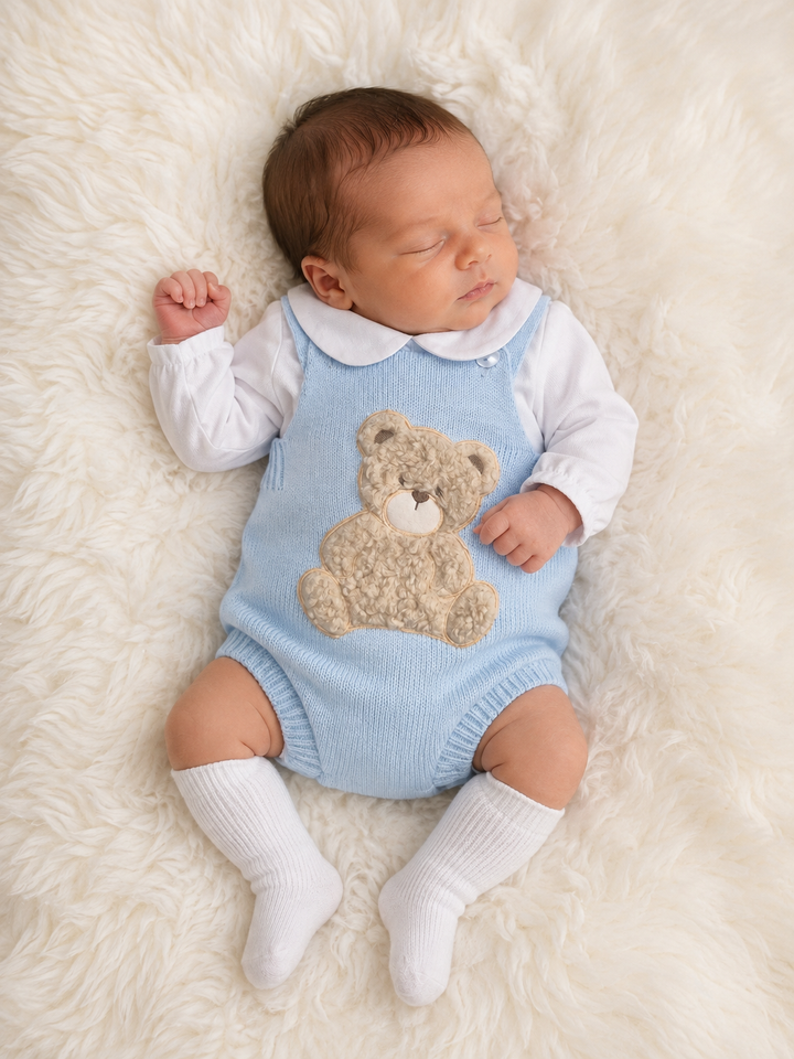 Pex Boys Blue Knitted Teddy Bear Romper & White Shirt Set - B0725
