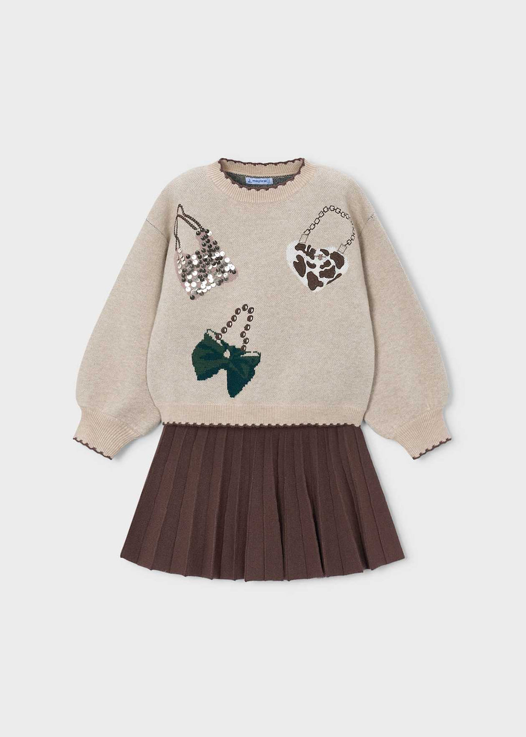 Girls Brown Pleated Skirt & Jumper Set - 4933