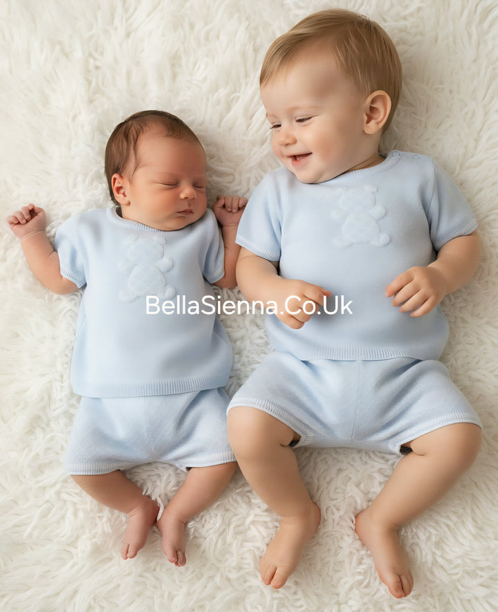 Emile et Rose Boys Baby Blue Knitted Two Piece With Teddy Bear Motif - Lennox