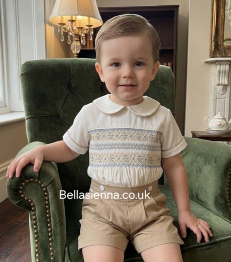 Bella Sienna "EXCLUSIVE" Boys Hand Smocked Beige, Ivory & Blue Two Piece Shirt & Shorts Set