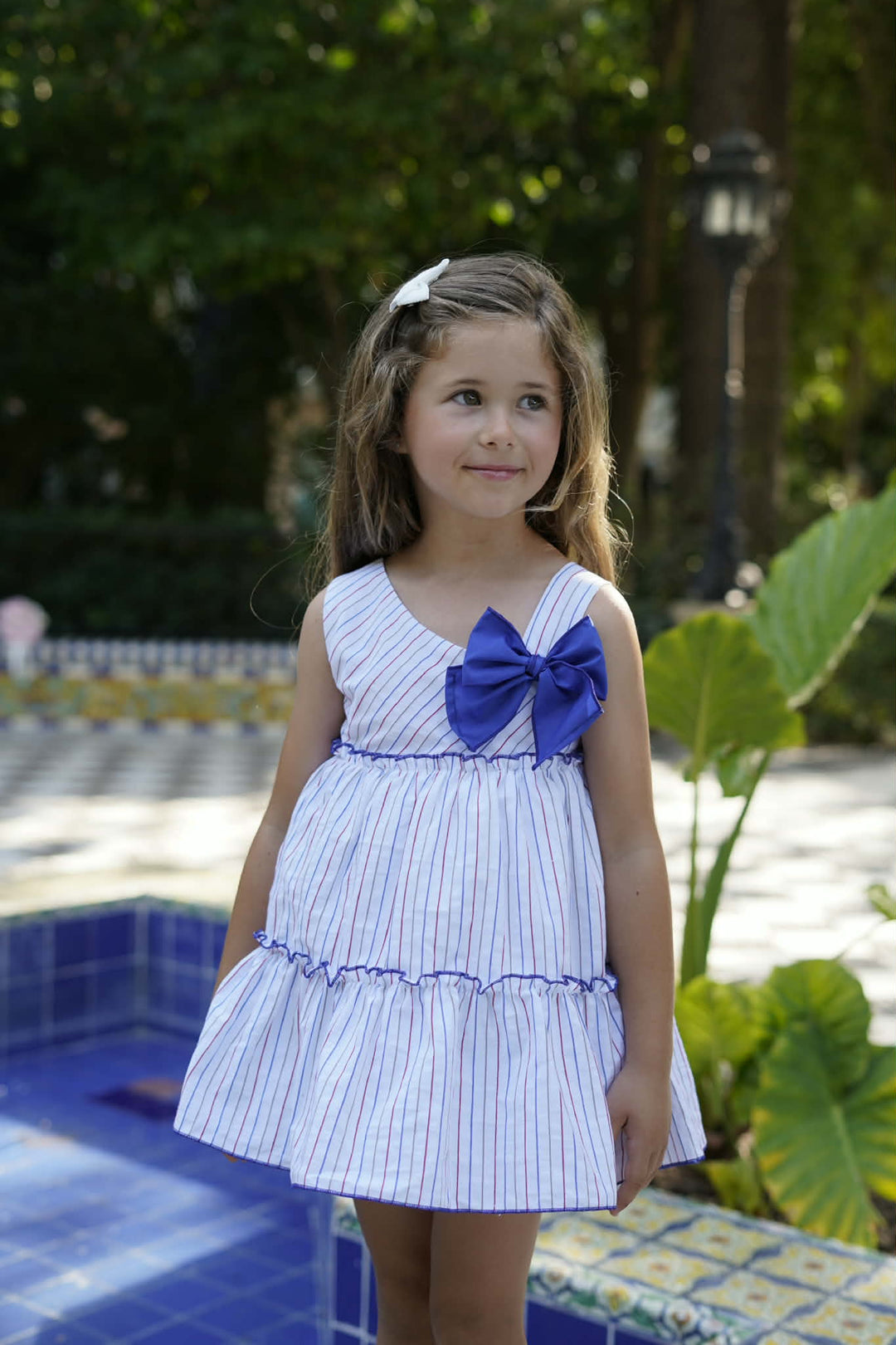 Dbb Collection Girls Striped Dress With Big Blue Bows - 27202