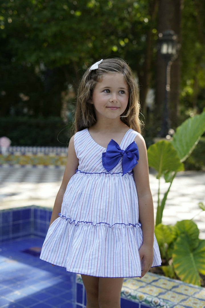 Dbb Collection Girls Striped Dress With Big Blue Bows - 27202