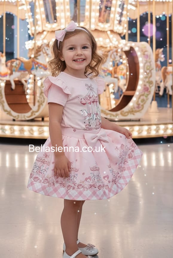 Diamond Stone Girls Pink "Carousel" Skirt Set With Matching Headband - YG-34