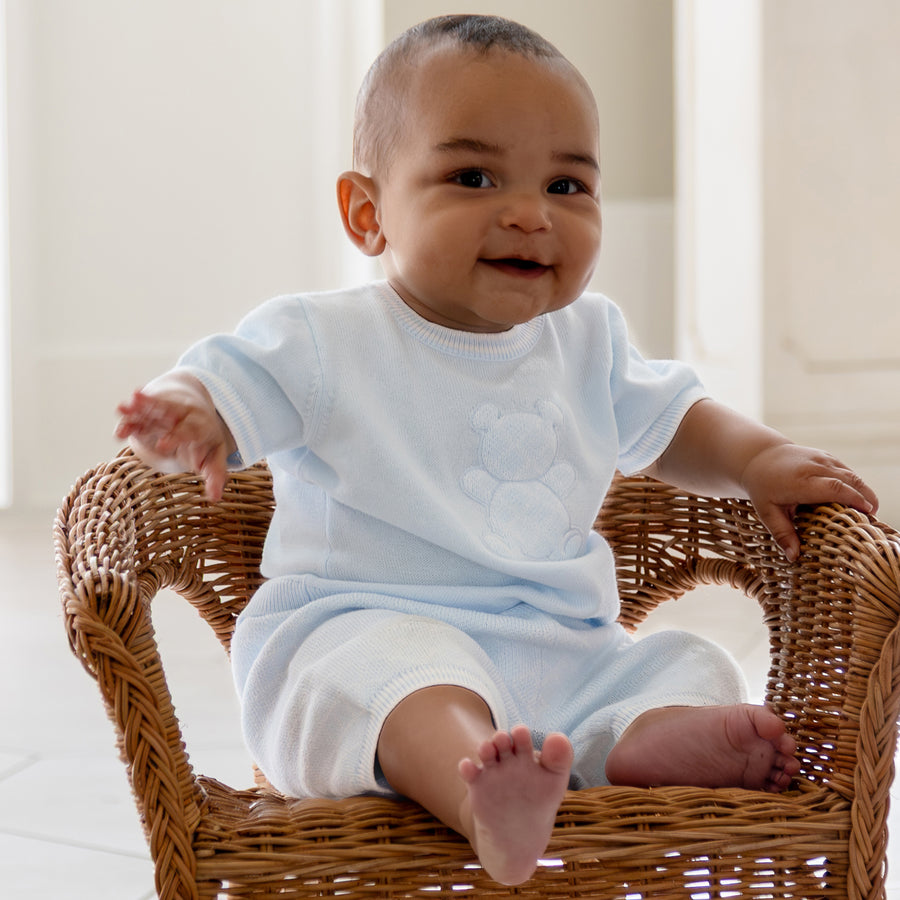 Emile et Rose Boys Baby Blue Knitted Two Piece With Teddy Bear Motif - Lennox