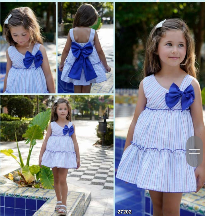 Dbb Collection Girls Striped Dress With Big Blue Bows - 27202