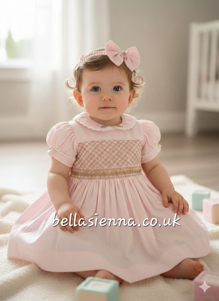 Luxury "Bella Sienna Exclusive" Pink & Beige Front & Back Smocked Dress With Built In Underskirt & Matching Hair Band Or Clip & Pants