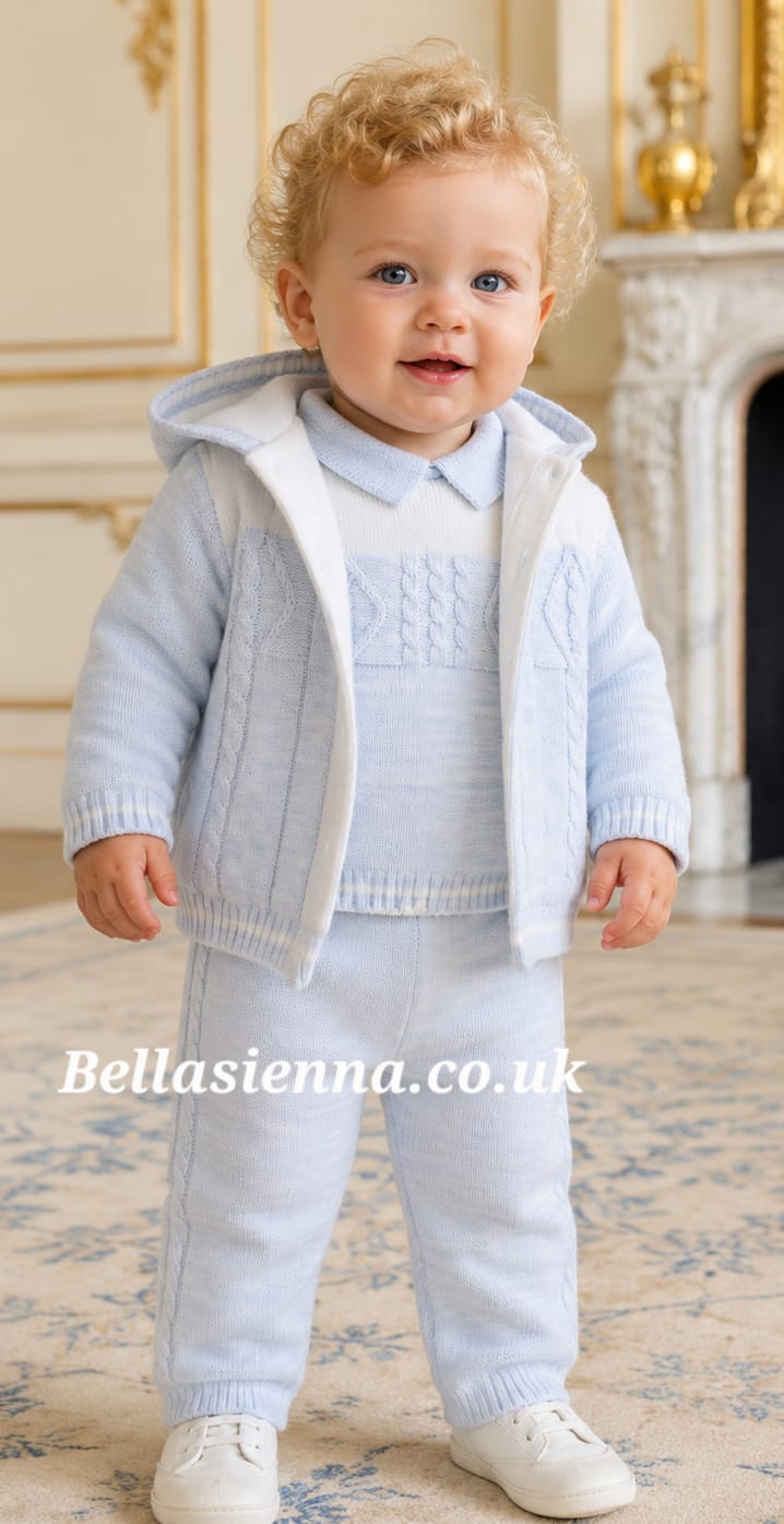 Sarah Louise Boys Winter Ivory & Blue Chunky Knitted Three Piece Set - Jacket & Trouser Set - 008273 & 008276
