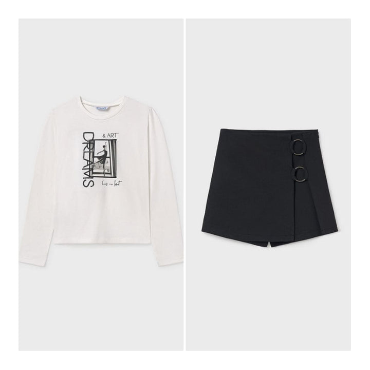 Mayoral Older Girls Black Skort & Long Sleeved Ivory & Black Top - 7017 & 7907