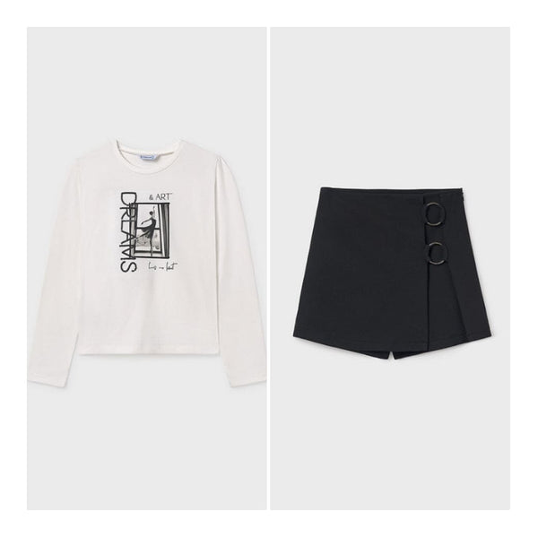 Mayoral Older Girls Black Skort & Long Sleeved Ivory & Black Top - 7017 & 7907