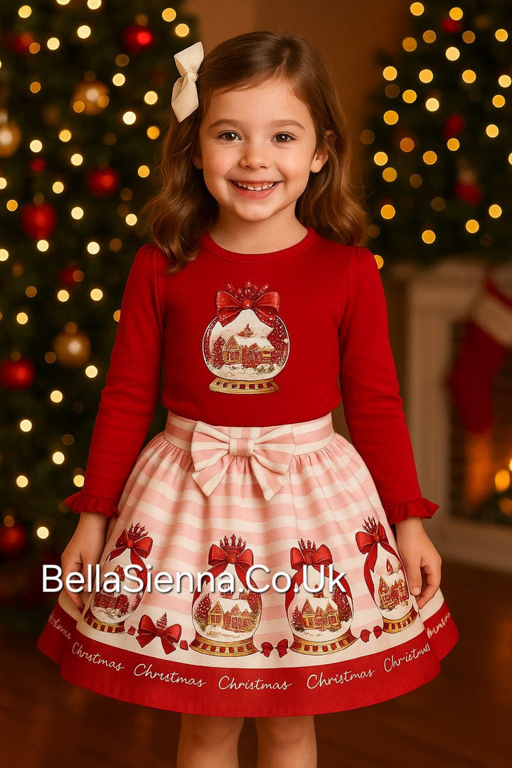 Red Sparkle "Snow Globe" Christmas Theme Skirt & Top Set - YG-23