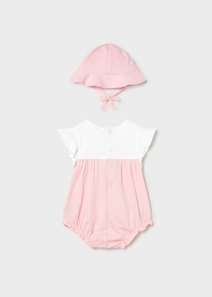 Mayoral Baby Girls Rose Pink Two Piece Romper & Sun Hat Set - 1602