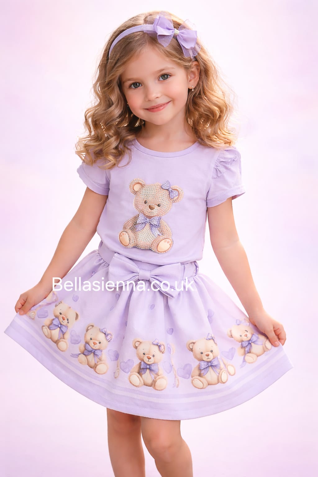 Diamond Stone Girls Lilac "Teddy Bear" Skirt Set With Matching Headband - YG-33