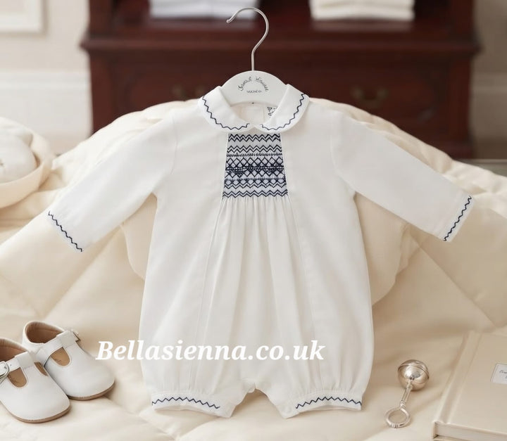 Sarah Louise Boys White & Navy Hand Smocked Romper - 013990
