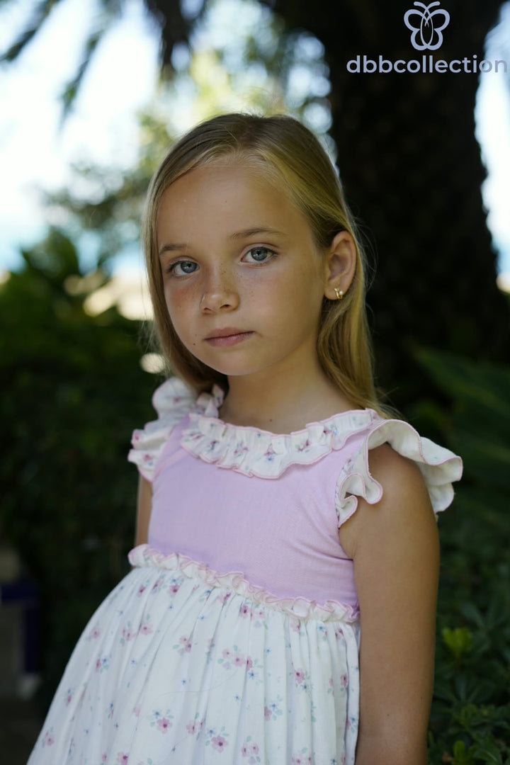Dbb Collection Girls Pink & White Floral Dress With Big Bow - 27102