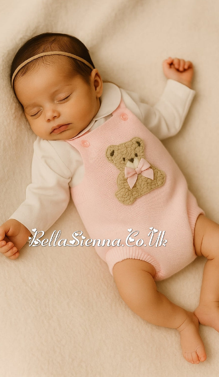 Pex Girls Pink Knitted Teddy Bear Romper & White Embroidered Blouse Set - B0726