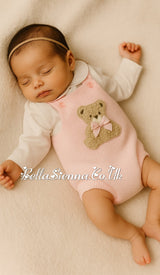 Pex Girls Pink Knitted Teddy Bear Romper & White Embroidered Blouse Set - B0726