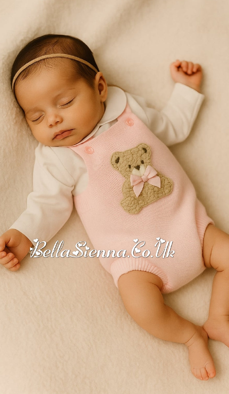 Pex Girls Pink Knitted Teddy Bear Romper & White Embroidered Blouse Set - B0726