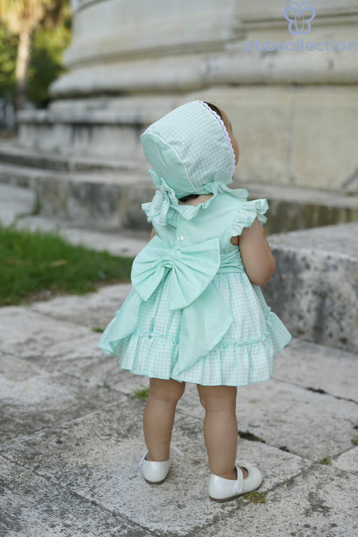 Dbb Collection Baby Girls Mint Gingham Dress, Pants & Bonnet Set With Big Bow - 27601