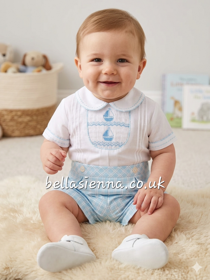 Sarah Louise Boys Turquoise Check Sailor Hand Smocked Two Piece Outfit - 013857