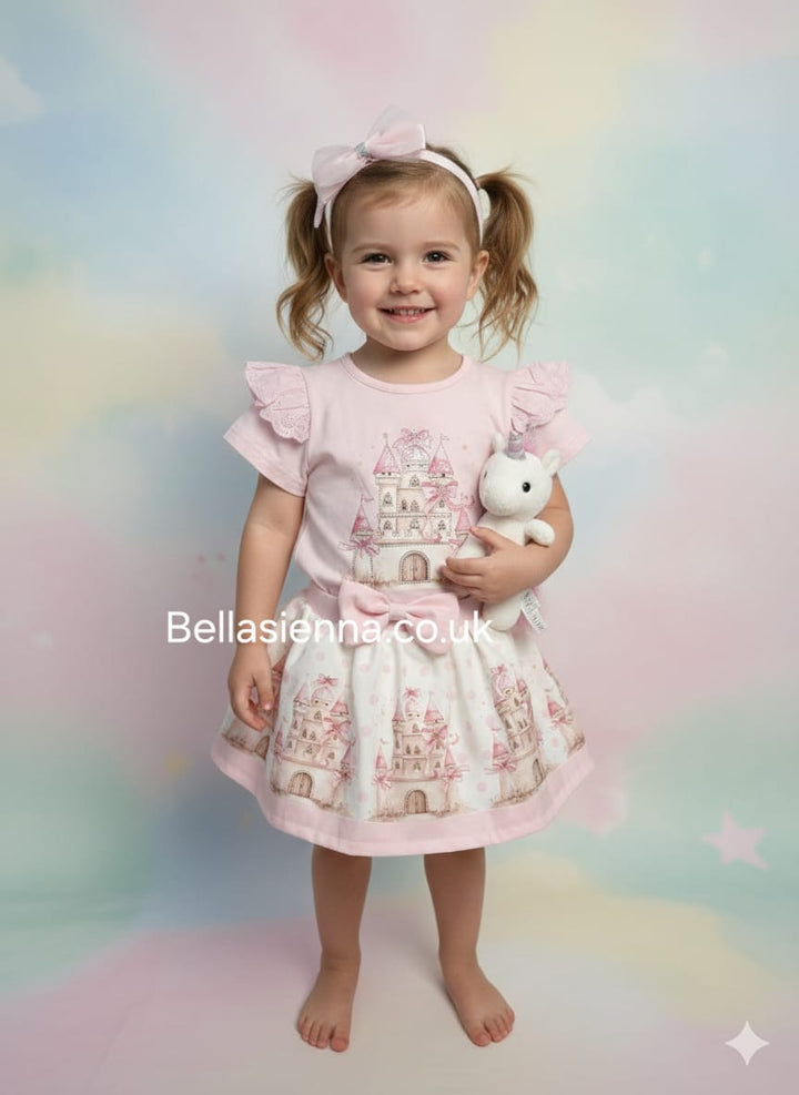 Diamond Stone Girls Pink "Princess Castle" Skirt Set With Matching Headband - YG-30