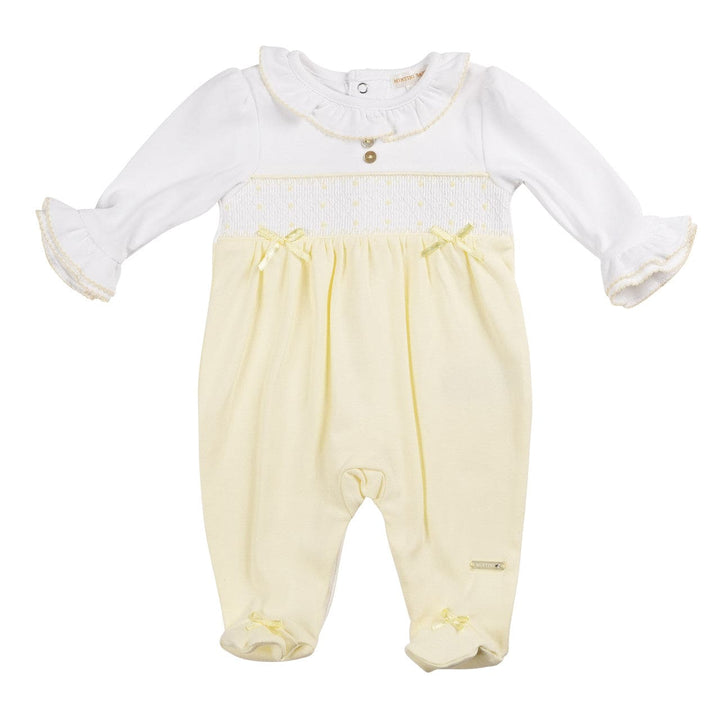 Lemon & White Smocked Babygrow With Bows - MB6387