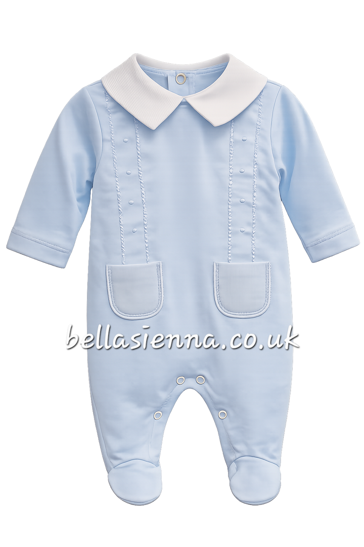 Boys Blue & White  100% Cotton All In One Babygrow - Sleepsuit - SG205