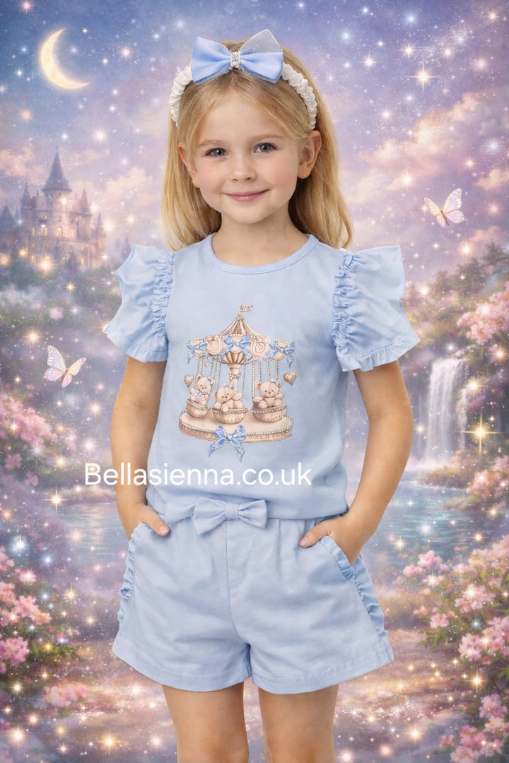 Diamond Stone Girls Blue "Teddy Carousel" Shorts Set With Matching Headband YG-38