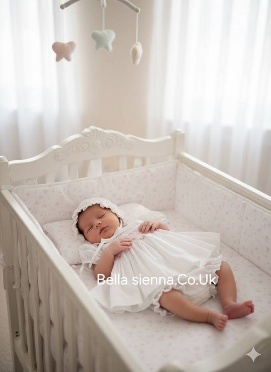 Luxury "Bella Sienna Exclusive" White & Pink Smocked Dress & Frilly Pants With Matching Smocked Bonnet