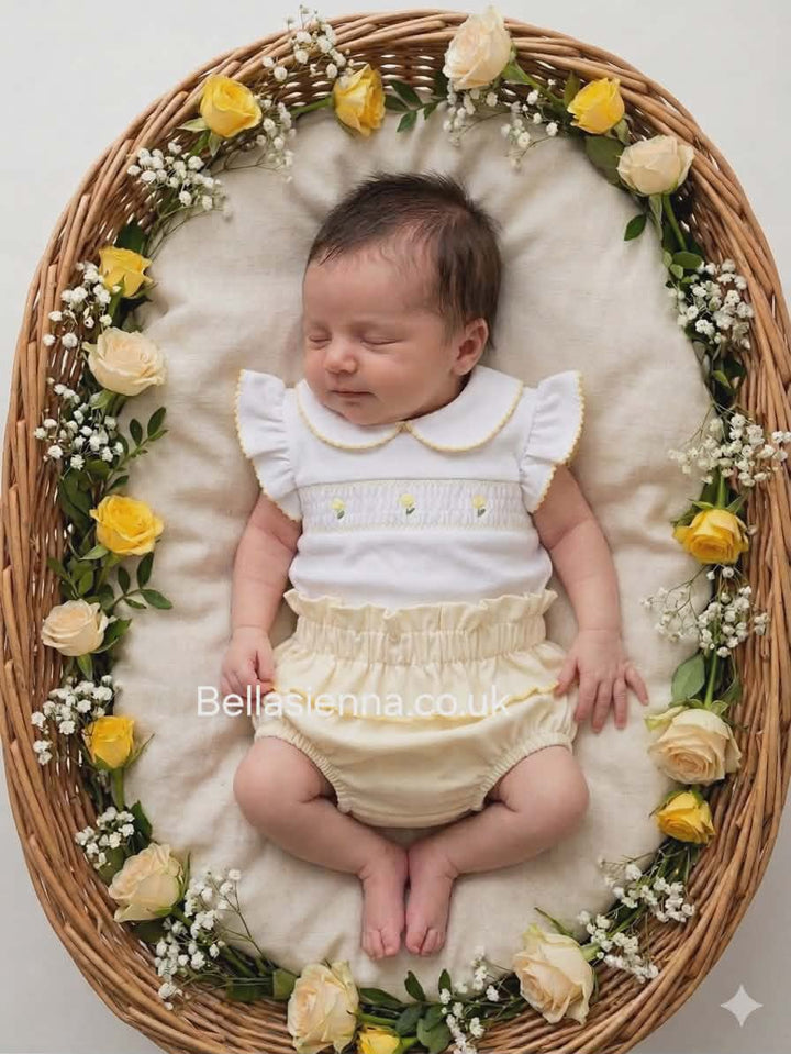 Girls Lemon & White Smocked Jam Pants Set - 21113 - SG241