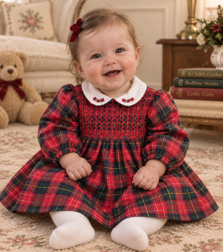 Sarah Louise Girls Red & Bottle Green Tartan Hand Smocked Dress - 013968