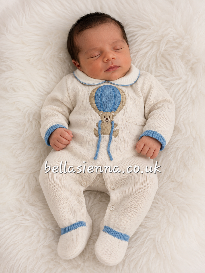 Teddy Bear In Hot Air Balloon All In One Knitted Babygrow Sleepsuit - Blue