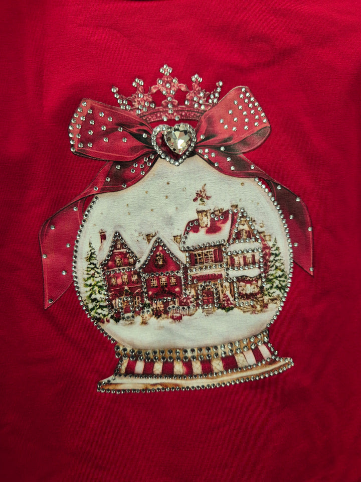 Red Sparkle "Snow Globe" Christmas Theme Skirt & Top Set - YG-23