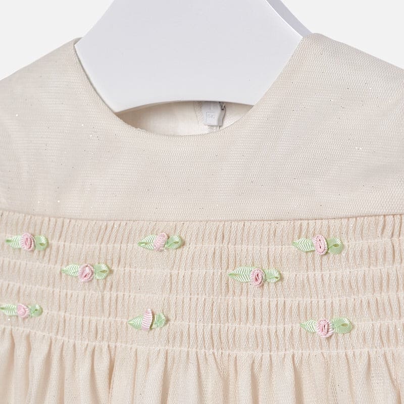 Mayoral Ivory & Champagne/Gold Fleck Smocked & Embroidered Dress - 2932