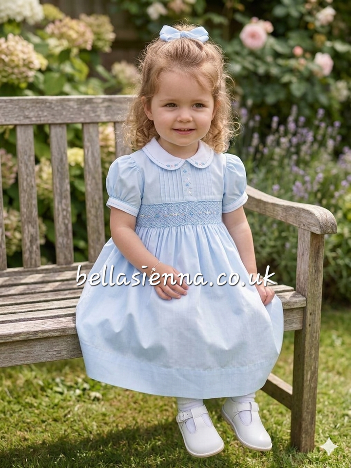 Sarah Louise Blue With Pink Embroidery Hand Smocked Dress - 013829