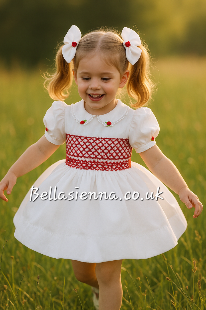 Luxury "Bella Sienna Exclusive" White & Red Front & Back Smocked Dress With Built In Underskirt & Matching Hair Band Or Clip & Pants