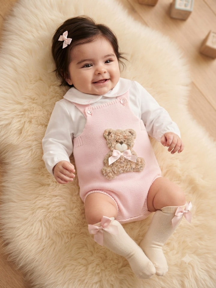 Pex Girls Pink Knitted Teddy Bear Romper & White Embroidered Blouse Set - B0726