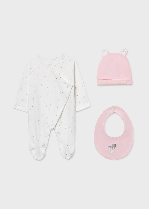 Mayoral Baby Girls 3 Piece Pink Gift Set - Babygrow, Bib & Hat Set - 9979
