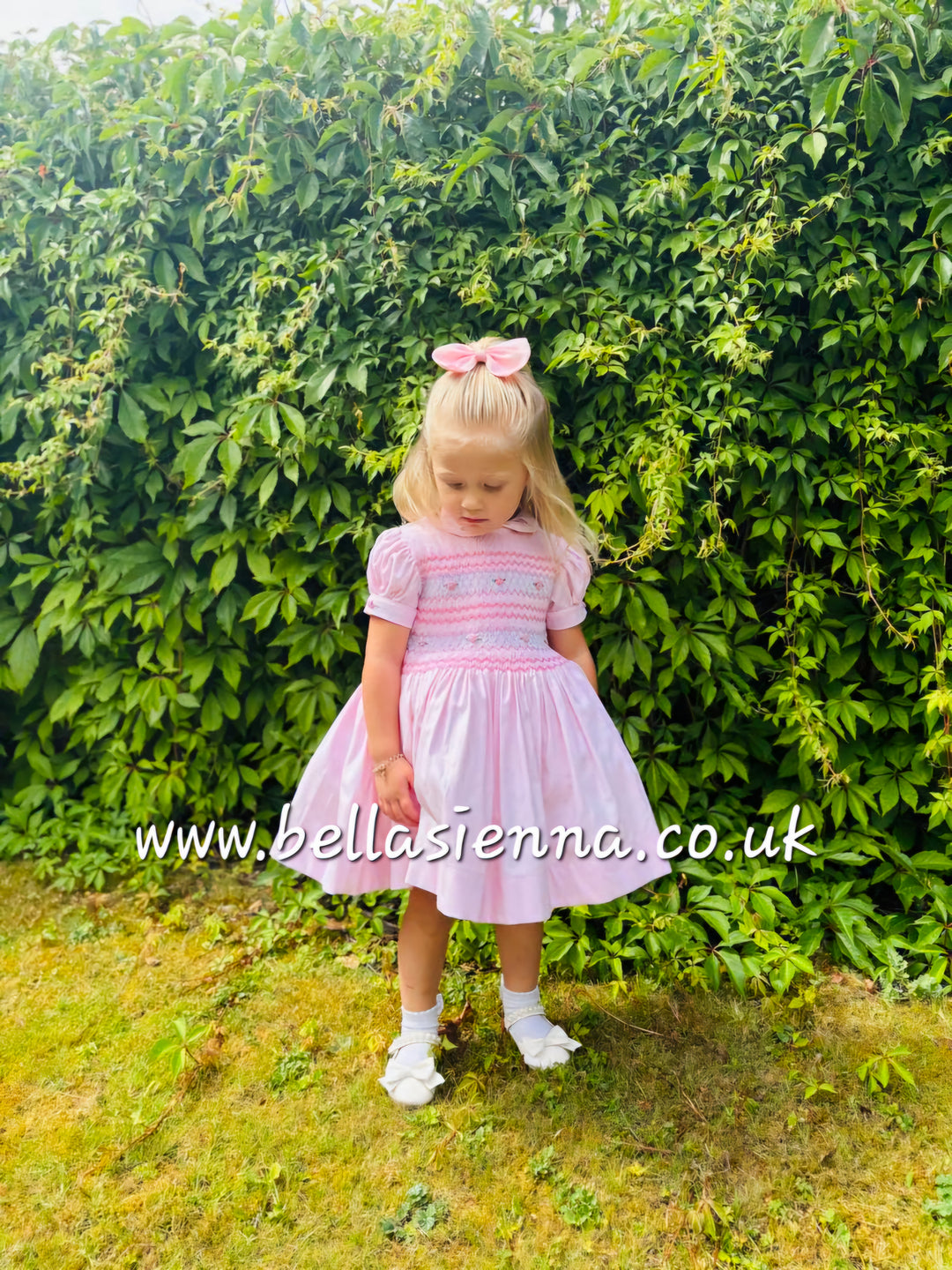 Luxury "Bella Sienna Exclusive" Pink Front & Back Smocked Dress With Built In Underskirt & Matching Hair Band Or Clip & Pants