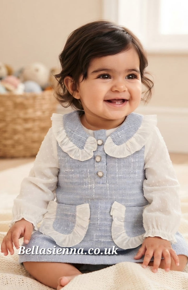 Baby Girls Blue Tweed Style Dress & Pants Set - 52001