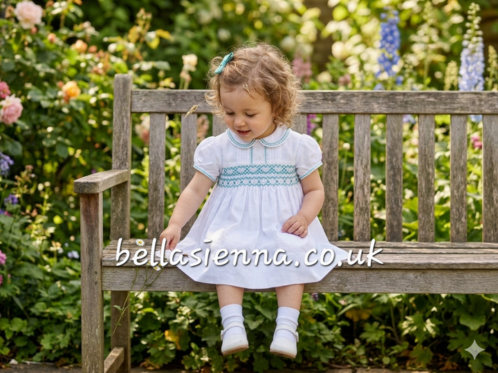 Sarah Louise Girls "Heritage Collection" White & Aqua Hand Smocked Dress - C6001