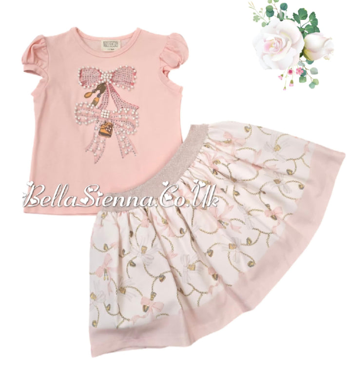 Peachy Pink "Bow" Skirt & Top Set With Pearl & Sparkle Detail -3608