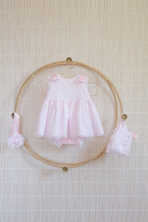 Dolce Petit Girls Pink Lace Dress, Pants & Bonnet Set - 2009 VBG