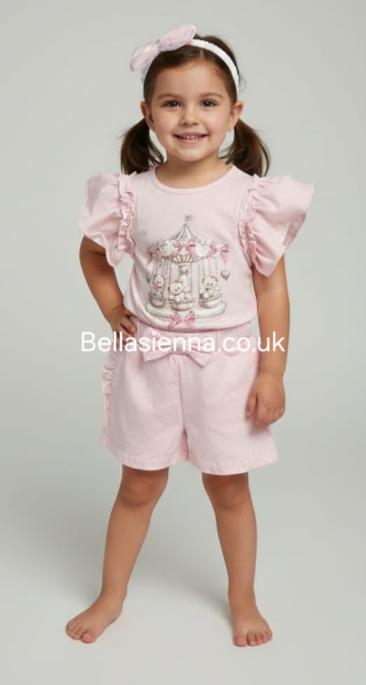 Diamond Stone Girls Pink "Teddy Carousel" Shorts Set With Matching Headband YG-38