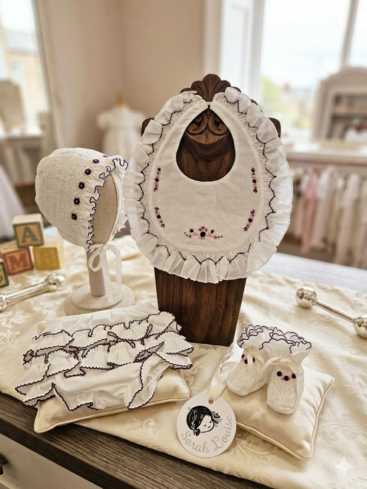 Exclusive To Bella Sienna - Sarah Louise Ivory/Plum Bundle - Smocked Bonnet, Smocked Booties, Smocked Bib, Frilly Pants